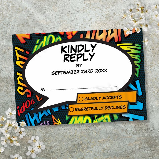 Modern Typographic Comic Book Wedding RSVP Card (Modern Typographic Comic Book Wedding RSVP Card)