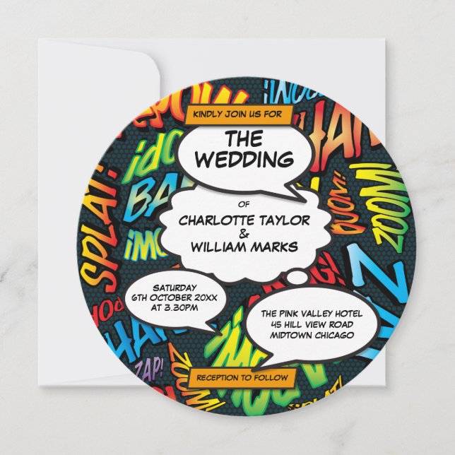 Modern Typographic Fun Comic Book Wedding Invitation (Front)