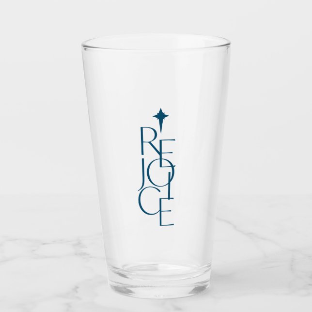 Modern, typographic REJOICE & star Christmas  Glass (Front)