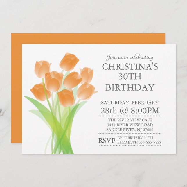 Modern Typographic Tulip Flowers Birthday Party Invitation (Front/Back)