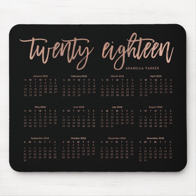 Modern Typography 2018 Calendar | Faux Rose Gold Mouse Pad (Front)