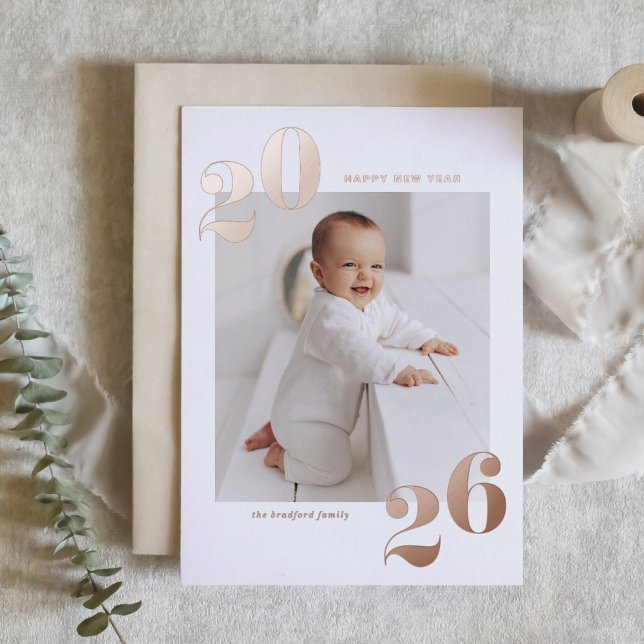Modern Typography 2025 Happy New Year Gold (Customizable modern photo 2026 Happy New Year card featuring rose gold foil texts.)