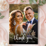Modern Typography 2 Photo Wedding Thank You Card<br><div class="desc">Modern Typography Wedding 2 Photo Thank You Card. Elegant Minimalist Stylish wedding thank you template featuring a full vertical photo on the front with the text "Thank You" in a hand lettered calligraphy swash tail script font overlay in white on the picture. At the back side one photo and thank...</div>