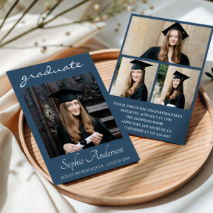 Modern Typography 3 Photo Collage Graduation Party Invitation