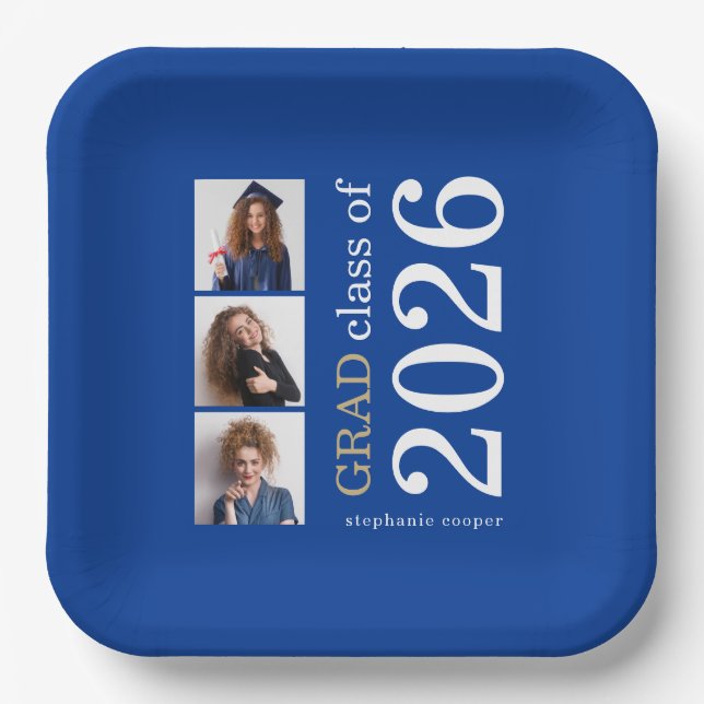 Modern Typography 3 photos Blue 2025 Graduation Paper Plate (Front)