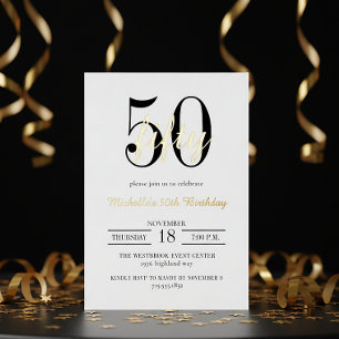 Modern Typography 50th Birthday White Black Gold