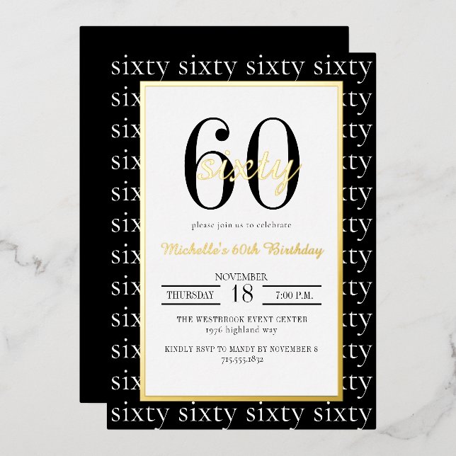 Modern Typography 60th Birthday Party Black Gold (Front/Back)