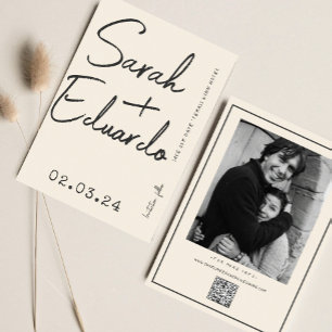 Modern Typography B&W Handwritting Photo Qr Code Save The Date