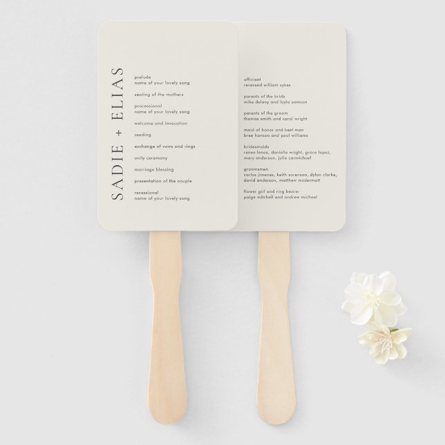 Modern Typography Beige Elegant Wedding Program Hand Fan (Front and Back)