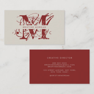 Modern typography beige red monogram name business card