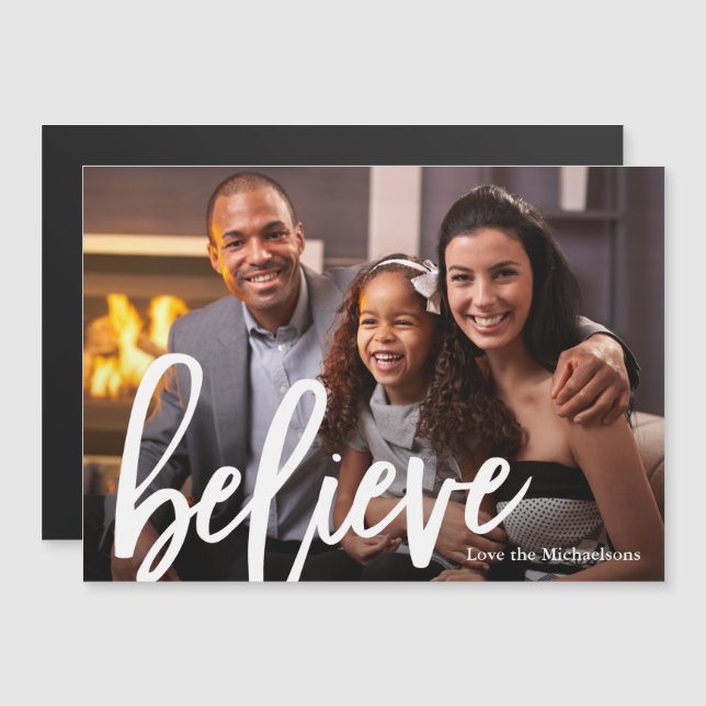 Modern Typography Believe Photo Christmas Magnet (Front/Back)