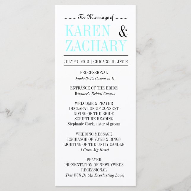 Modern Typography Black and Aqua Wedding Program Programme (Front)