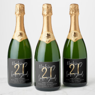 Modern typography black and gold 21st birthday sparkling wine label