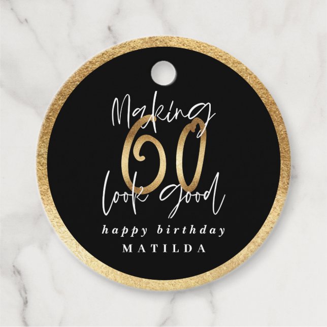 Modern typography black and gold 60th birthday favour tags (Front)