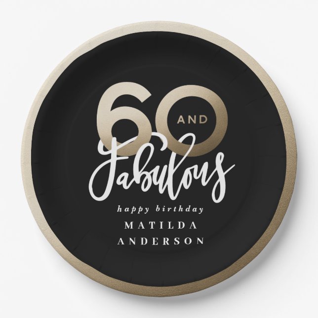 Modern typography black and gold 60th birthday paper plate (Front)