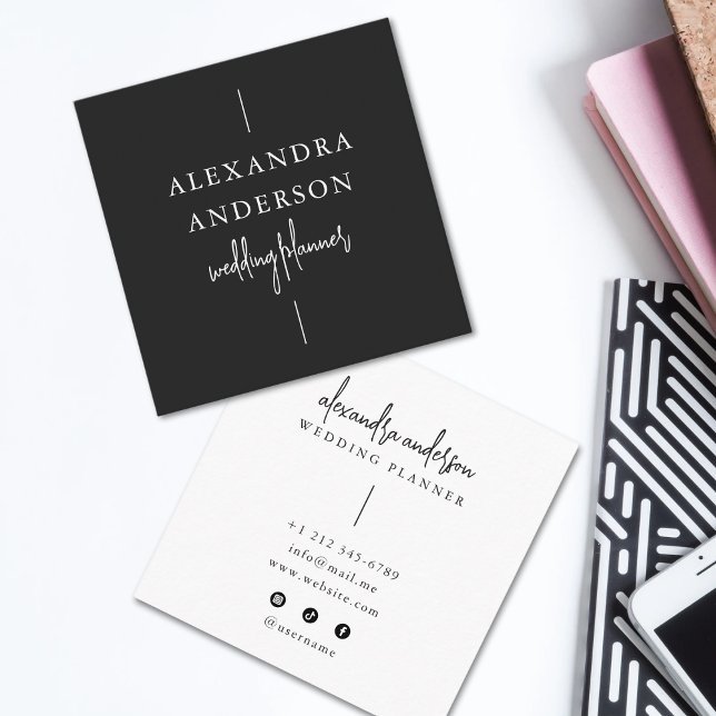 Modern Typography Black and White Wedding Planner  Square Business Card (Modern Typography Black and White Elegant Minimal Square Business Card)