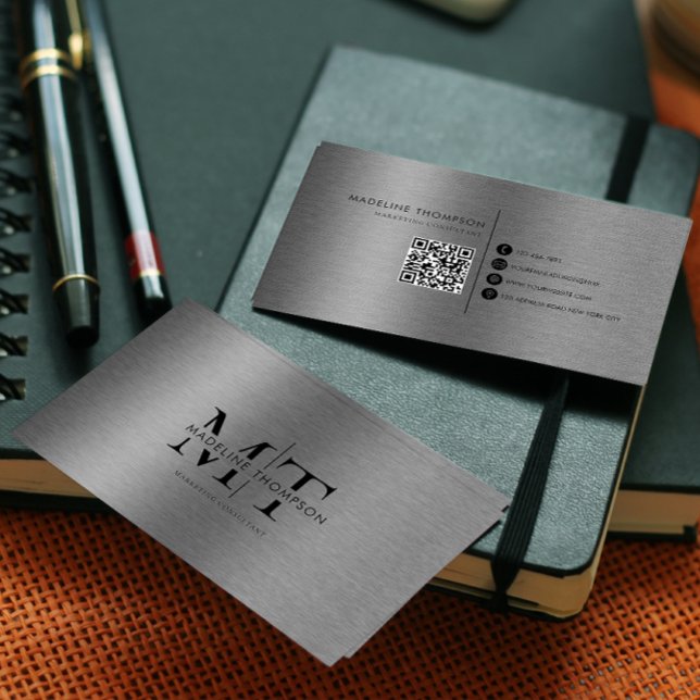 Modern Typography Black Metallic Steel QR Code Business Card (Creator Uploaded)