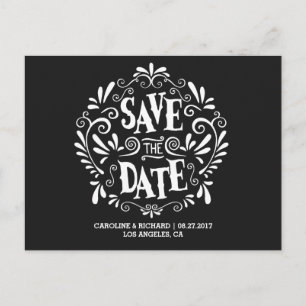MODERN TYPOGRAPHY BLACK SAVE THE DATE POSTCARD