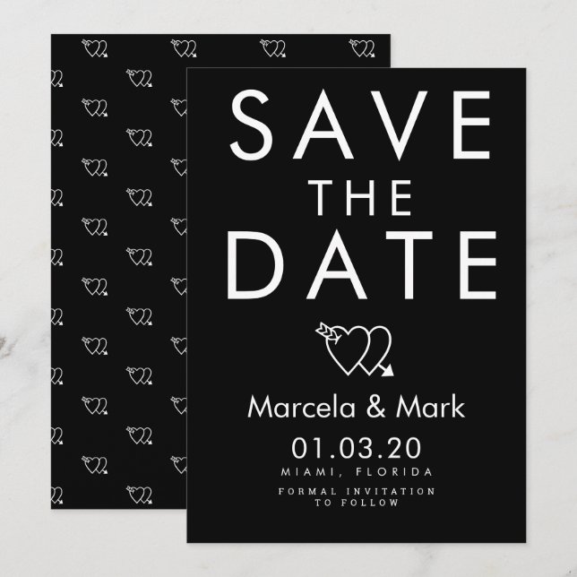 Modern Typography Black White Heart Save The Dates Card (Front/Back)