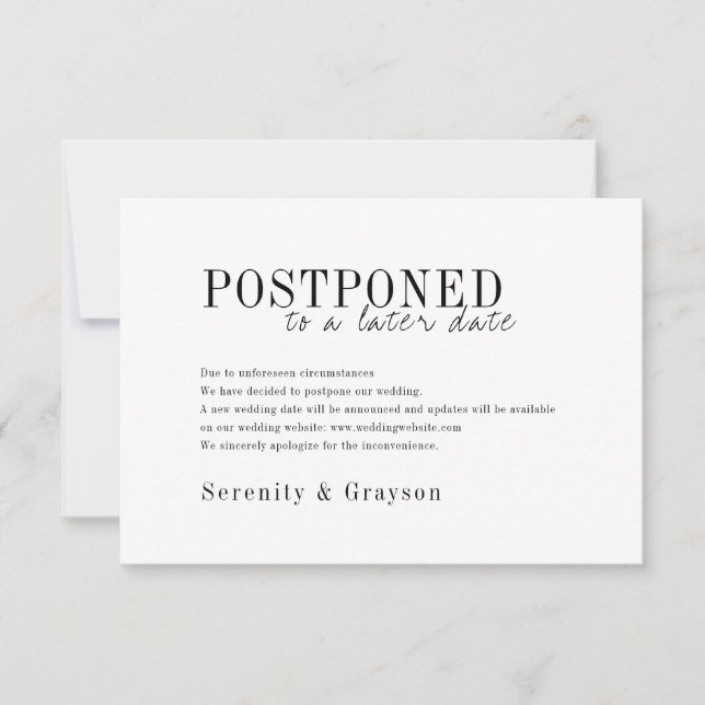 Modern typography black white wedding postponement invitation (Front)