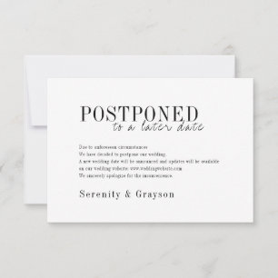 Modern typography black white wedding postponement invitation