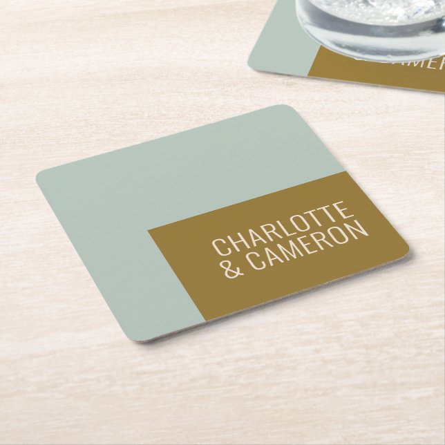 Modern Typography Blue and Olive Wedding Custom Square Paper Coaster (Angled)