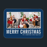 Modern Typography Blue Photo Collage Christmas Magnet<br><div class="desc">Merry Christmas! Send your warm wishes this season with this customisable photo collage Christmas magnet. It features simple typography with a  blue background. Personalise by adding your photos,  names,  year and other details. This modern Christmas magnet is available in other colours and cardstock.</div>