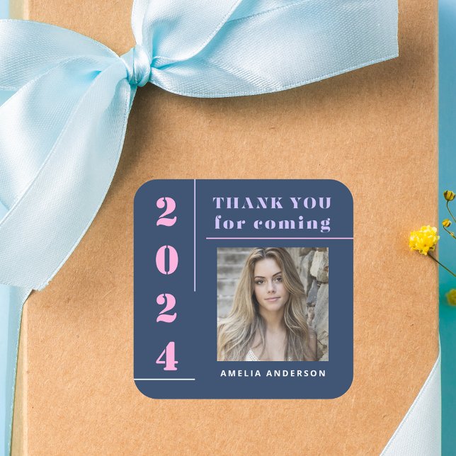 Modern Typography Blue Photo Graduation Thank You Square Sticker (Creator Uploaded)