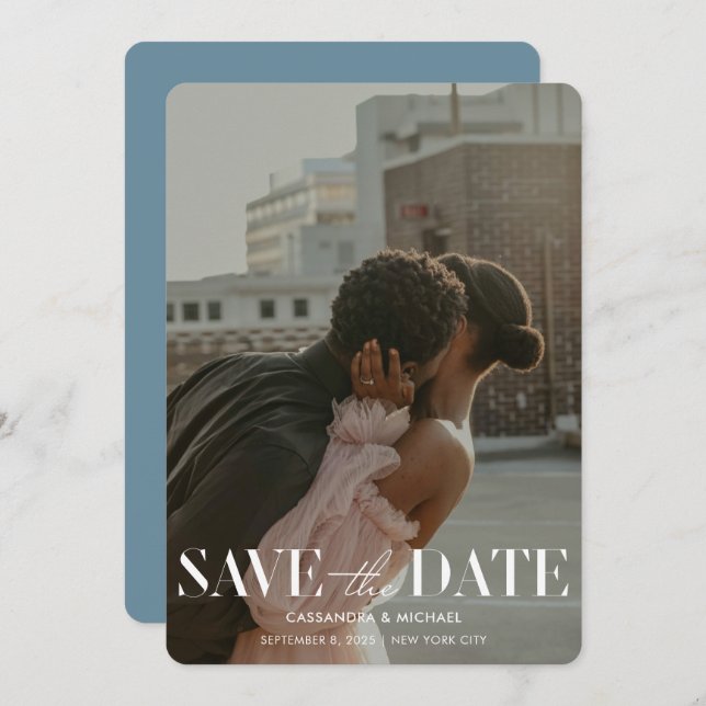Modern Typography Blue Photo Wedding Save Date Invitation (Front/Back)