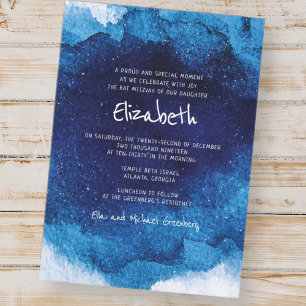 Modern Typography Blue Watercolor Bat Mitzvah Invitation