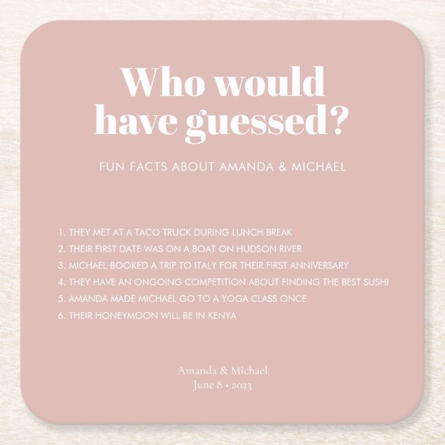 Modern Typography Blush Pink Wedding Fun Facts Square Paper Coaster (Front)