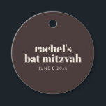 Modern Typography Brown Bat Mitzvah Personalized Favour Tags<br><div class="desc">This personalized bat mitzvah favor tag features a rich brown background with ivory cream typography and a clean, modern layout. Customize the name and date to attach to gift bags, favors, or party keepsakes throughout the celebration. The round shape and neutral palette make it easy to coordinate with matching stationery...</div>