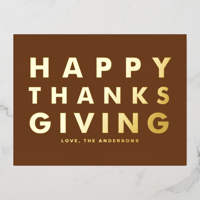 Modern Typography Brown Happy Thanksgiving Gold Foil Holiday Postcard (Front)