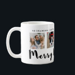 Modern Typography Christmas Four Photo Grid Coffee Mug<br><div class="desc">This stylish black and white mug has space for four of your square photos,  and says "Merry Christmas" in modern black typography. Personalise with any message along the top border. The perfect,  simple gift for anyone who doesn't like overly cutesy holiday decor!</div>