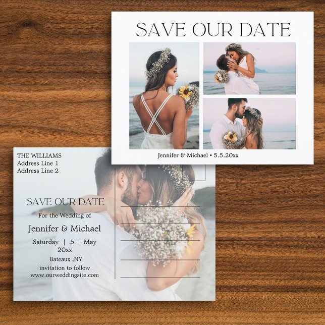 modern typography couple 4 photos save our date announcement postcard (Creator Uploaded)