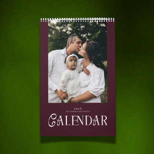 Modern Typography Custom Family Photo Burgundy  Calendar