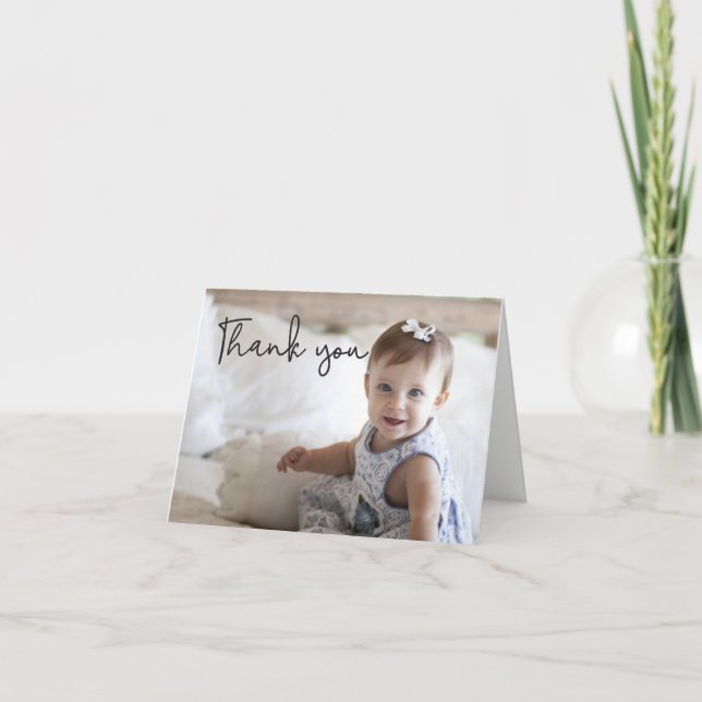 Modern typography Custom Photo First Birthday Thank You Card (Front)