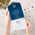 Modern Typography Dark Blue Confetti Bar Mitzvah All In One Invitation<br><div class="desc">An elegant dark blue bar Mitzvah invitation, easy to personalise with your details. PLEASE NOTE: This invitation is ready to send without an envelope; include the return address on the backside; if you plan to send it using an envelope, please let in blank the return address details ( backside). GUEST...</div>