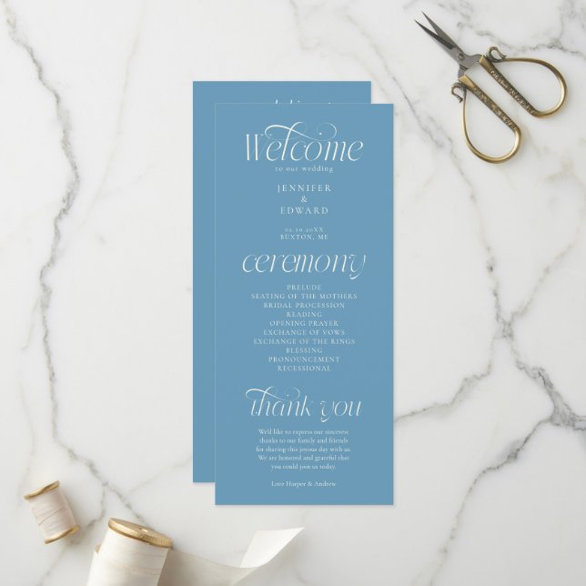 Modern Typography Denim Blue Wedding Program Programme (Front/Back In Situ)
