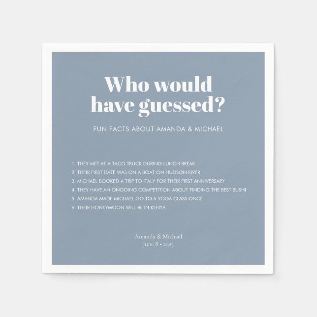 Modern Typography Dusty Blue Wedding Fun Facts  Napkin (Front)