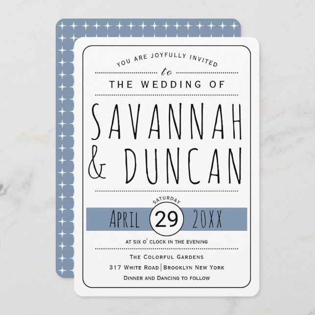 Modern typography dusty blue wedding rounded invitation (Front/Back)
