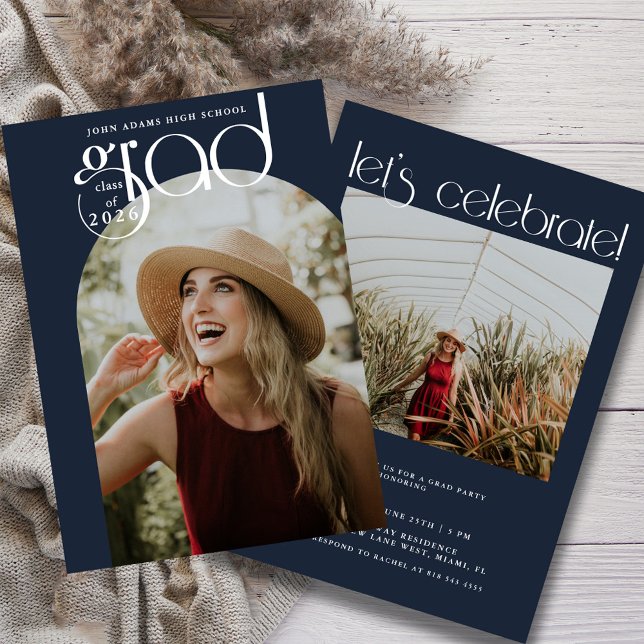 Modern Typography Dusty Navy 2 Photo Graduation  Announcement (Creator Uploaded)