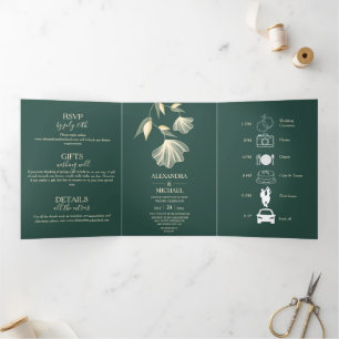 Modern Typography Emerald Green Botanical Wedding Tri-Fold Invitation