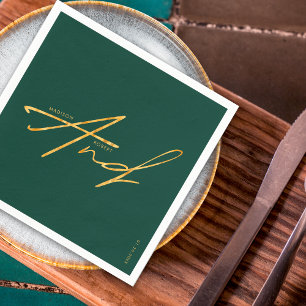 Modern Typography Emerald Green Gold Wedding Napkin