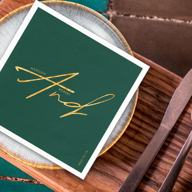Modern Typography Emerald Green Gold Wedding Napkin (Creator Uploaded)