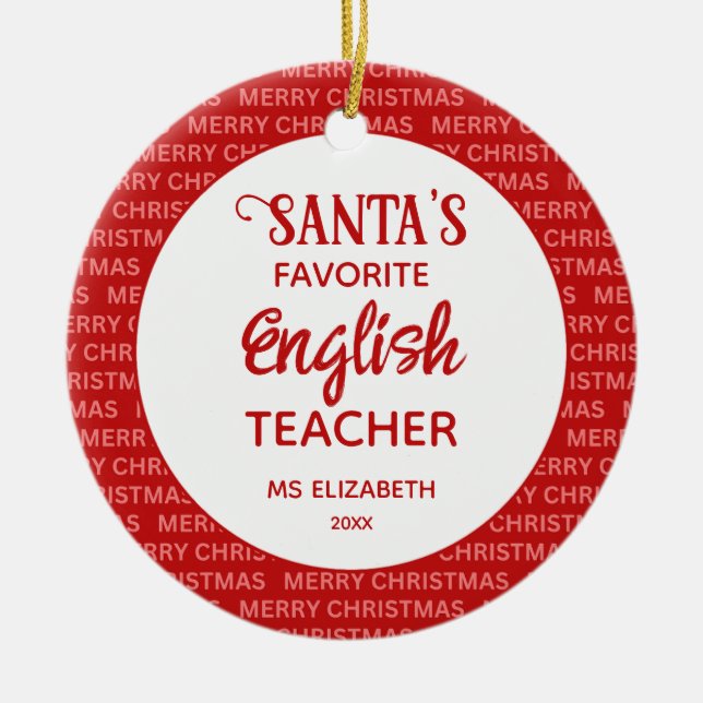 Modern Typography English Teacher Christmas Red Ceramic Tree Decoration (Front)