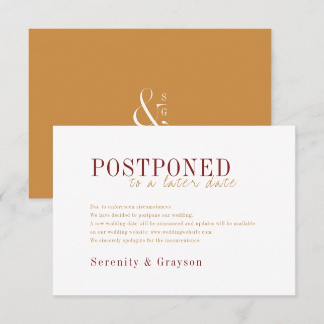 Modern typography fall wedding postponement invitation (Front/Back)