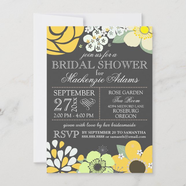 Modern Typography Floral Bridal Shower Grey Yellow Invitation (Front)