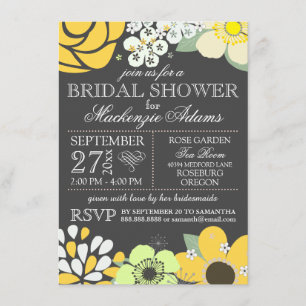 Modern Typography Floral Bridal Shower Grey Yellow Invitation