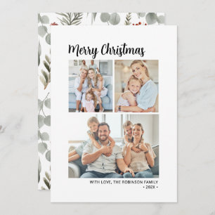 Modern Typography Foliage Multi Photo Christmas Holiday Card
